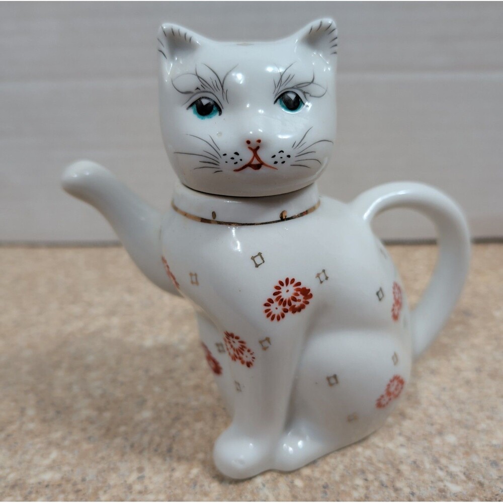 Vintage Cat Teapot Right Paw Up Asian Style White Porcelain w/ Floral Pattern